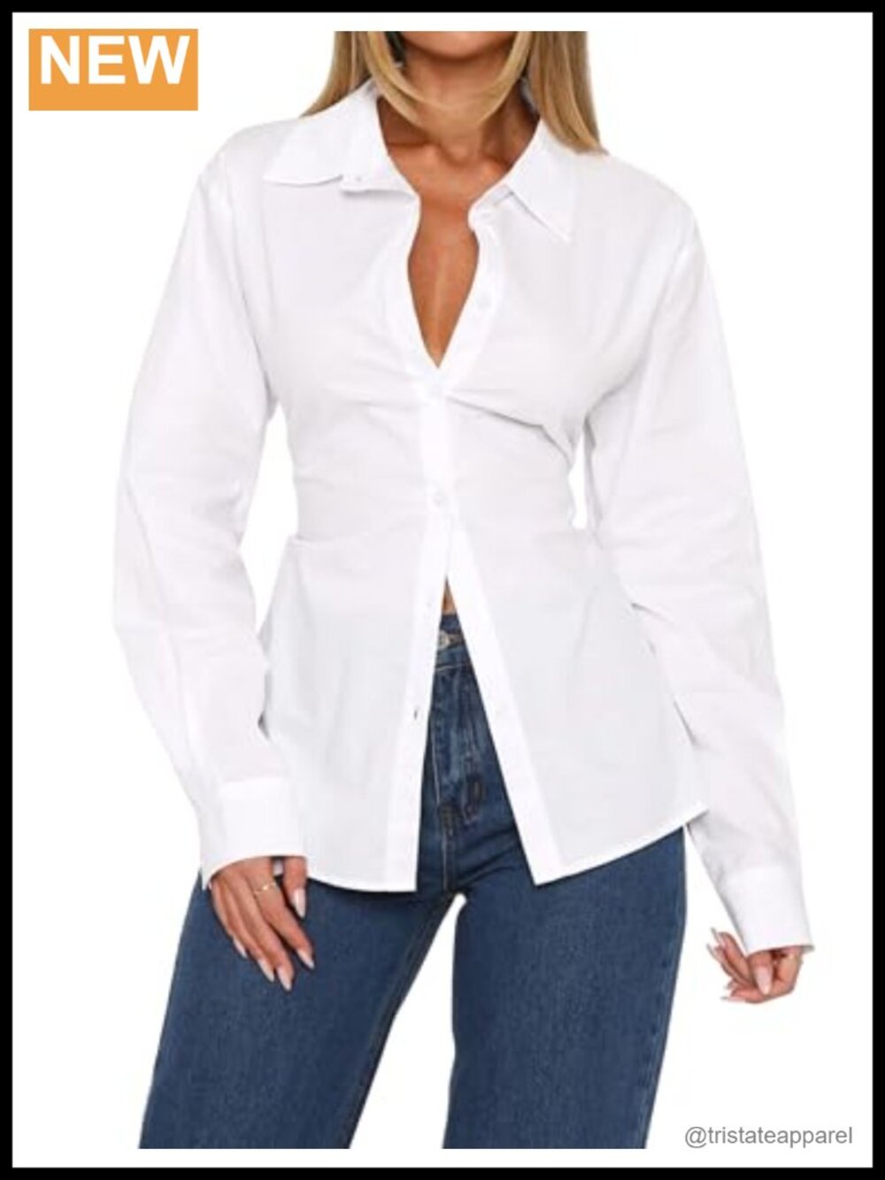 Cotton Long Sleeve Lapel Collar Button Down Shirt with Back Tie Cinch Waist